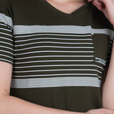 Astron – V-Neck Half Sleeves Olive Color Cotton T-Shirt for Women